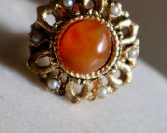 Salvaged Vintage Gold Tone Seed Pearl and Natural Gemstone Romantic Floral Flower Adjustable Ring