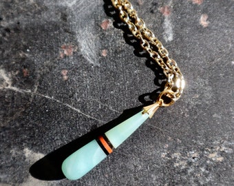 Amazonite, Obsidian & Red River Jasper Sliced Vintage Renewed 1970s Drop Gold Tone Pendant Necklace