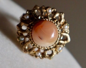 Salvaged Vintage Gold Tone Seed Pearl and Natural Gemstone Romantic Floral Flower Adjustable Ring