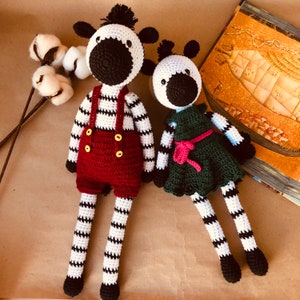 Black and white zebra, with long legs and arms, plush soft amigurumi toy, stuffed animal, handmade present