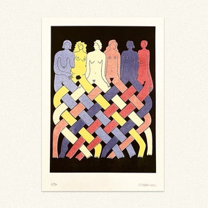 May include: A colorful illustration of six figures with intertwined limbs, forming a woven pattern against a black background. The figures are in various shades of blue, yellow, pink, and red.