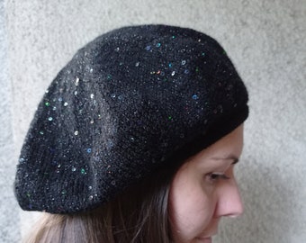Black french beret with sequins, Beret femme, Slouchy beret, Beret hats for women, Knitted beret, Beret for Women, Beret Hat for Women,Beret