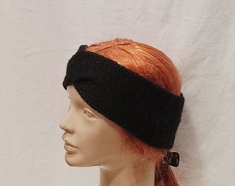 Diadema de lana, Diadema retorcida; Diadema negra; Diadema Boho de lana tejida a mano, turbante de invierno de lana natural; calentador de cabeza; Envoltura para la cabeza de otoño