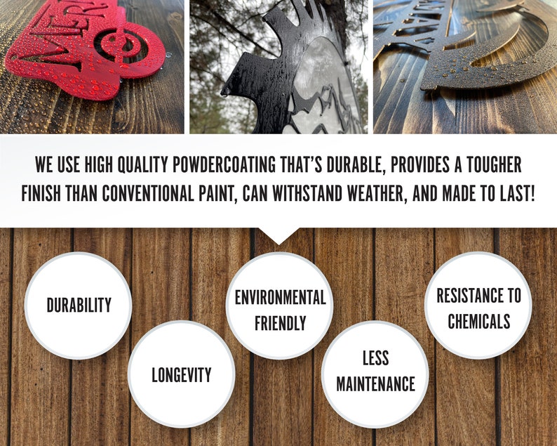 Puede incluir: Se muestran tres letreros de metal con diferentes dise&ntilde;os sobre un fondo de madera. Los letreros est&aacute;n recubiertos con un revestimiento en polvo duradero, resistente a los productos qu&iacute;micos y a la intemperie. El texto en los letreros dice "Utilizamos un revestimiento en polvo de alta calidad que es duradero, proporciona un acabado m&aacute;s resistente que la pintura convencional, puede resistir el clima y est&aacute; hecho para durar!" El texto debajo de los letreros describe los beneficios del revestimiento en polvo, incluida la durabilidad, la longevidad, la ecolog&iacute;a y el menor mantenimiento.