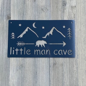 Little Man Cave Metal Sign Cutout -  - Bear, Arrow, Trees, Mountains, and Moon Decor - Kids Decor - Nursery Decor