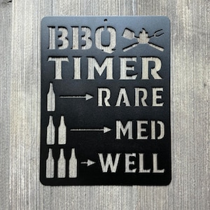 May include: Black metal sign with the text "BBQ TIMER" and a grill graphic. The sign also has a series of beer bottle graphics with arrows pointing to the text "RARE", "MED", and "WELL".