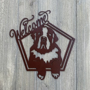 St Bernard Welcome Metal Sign Cutout - Welcome St Bernard Powder Coated Metal Wall Art - Dog Lover Home Decor