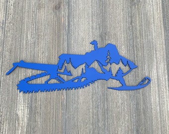 Snowmobile Cutout Scene Metal Sign - Mountain Snowmobile Scene Powder Coated Metal Sign - Perfect for Any Outdoor Enthusiast
