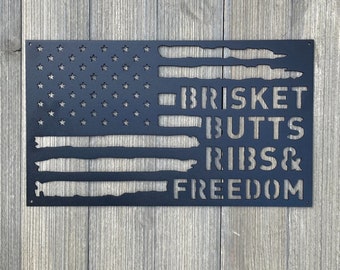 Tattered Flag BBQ: Brisket, Butts, Ribs, and Freedom Metal Sign - Perfect Gift For The Smoking Enthusiast