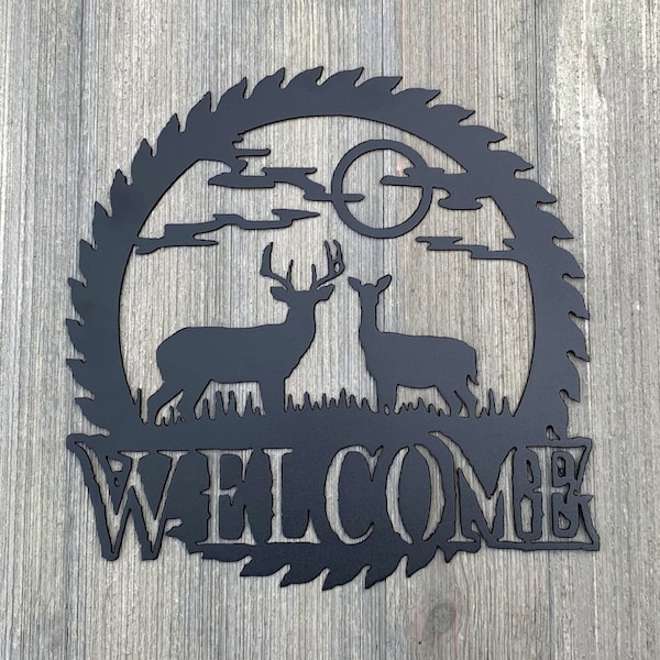 Deer Sawblade Welcome Metal  Sign - awblade Welcome Sign - Powder Coated Metal - Deer in a Meadow