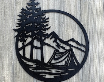 Tent Camping Scene Metal Sign Cutout - Powder Coated Mountain Silhouette Scene Sign - A Stunning and Majestic Addition to Your Home Decor!