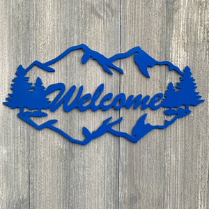 Welcome Sign Metal Sign Cutout - Welcome Sign - Powder Coated Metal - Trees and Mountain Shilouette