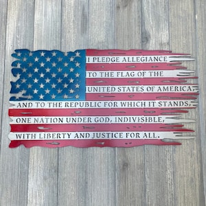 Pledge of Allegiance Distressed American Flag Metal Sign Cutout - Patriotic and Bold Pledge of Allegiance Distressed USA Flag Powder Coated