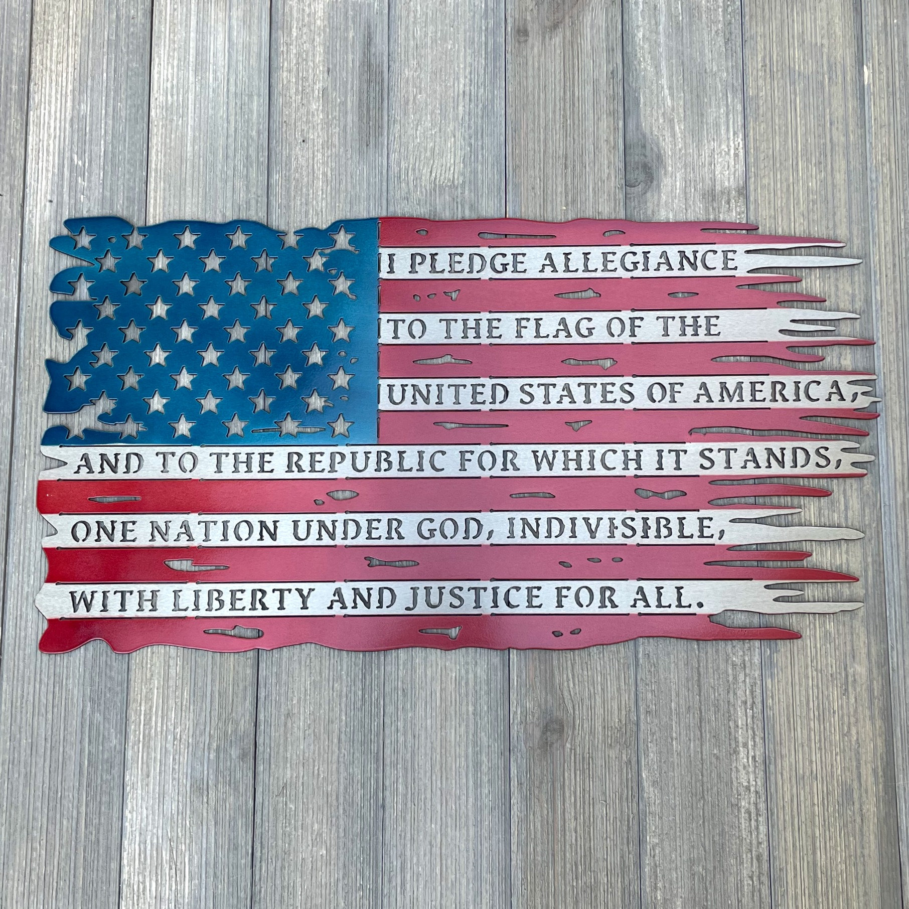 Pledge of allegiance distressed american flag metal sign cutout