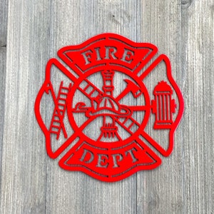 Fire Dept Metal Sign Cutout - Fire Department Powder Coated Metal Sign - Hydrant, Ladder, and Fireman's Helmet Decor