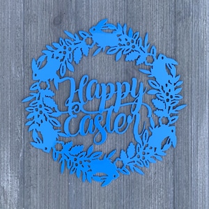 Happy Easter Wreath Metal Sign Cutout - Happy Easter Wreath Sign - Powder Coated Metal - Bunnies and Floral Decor