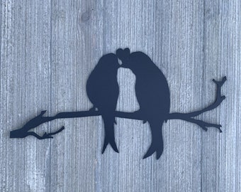 Love Birds Metal Sign Cutout - Two Birds on a Branch Kissing Heart Metal Sign - Powder Coated for Durability
