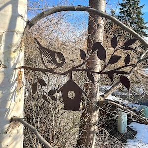 Bird Tree Stake Metal Sign Cutout - Bird on Tree Branch with Bird House Powder Coated Metal Sign - Unique Tree Stake