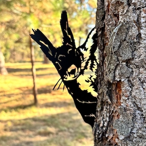 May include: A black metal squirrel silhouette peeking from behind a tree trunk. The squirrel has detailed features, including pointed ears and whiskers. The artwork is set against a blurred background of trees and sunlight.