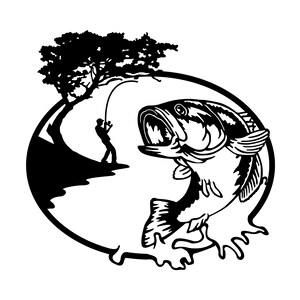 Puede incluir: Ilustraci&oacute;n en blanco y negro de un pescador lanzando una l&iacute;nea a una lubina negra saltando fuera del agua. El pez est&aacute; en un c&iacute;rculo con un &aacute;rbol en el fondo.