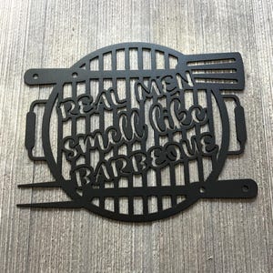Real Men Smell Like Barbeque Metal Sign Cutout - Grill Shape with BBQ Utensils