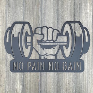 No Pain, No Gain: Metal Sign with Weightlifting Hand Motif – Inspirational Fitness Decor