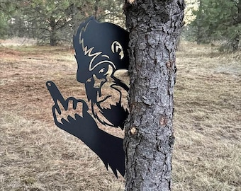 Peek-a-Boo Flipping Off Bigfoot Metal Sign – Flipping the Bird Edition - Bigfoot Says Your #1