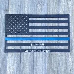Personalized Thin Blue Line Metal USA Flag - Perfect Gift for Law Enforcement and Police Retirement - Available With or Without Engraving