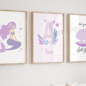 Mermaid Wall Art with Custom Name, Digital Print, Girls Art Print, Girls Nursery Print, Boho Mermaid, Girl Bedroom Poster, Mermaid Shell Art