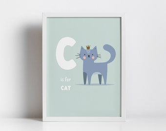 Alphabet C is for Cat PRINTABLE WALL ART, Nursery print, Children's room décor,  Neutral kids room print, Digital wall art, Nursery print.