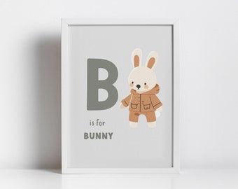 Alphabet B is for Bunny PRINTABLE WALL ART, Nursery print, Boys room décor,  Neutral kids room print, Digital wall art, Nursery print.