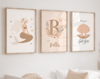 Arte de la pared de la sirena, nombre personalizado, impresión digital, impresión de arte de las niñas, impresión de la guardería de las niñas, sirena boho, cartel del dormitorio de las niñas, arte de la concha de la sirena