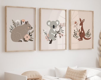 Set of 3 Australian Animals with florals PRINTABLE WALL ART, Australiana Nursery print, Children's room décor, Wombat, Koala + Kangaroo