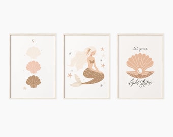 Boho sjöjungfruväggkonst, digitaltryck, konsttryck för flickor, barnrumstryck för flickor, sjöjungfru, poster för flickor i sovrummet, sjöjungfrusnäckskonst, mussla