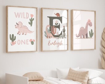 Dinosaur PRINTABLE WALL ART, Dino Nursery print, Children's room décor, Triceratops, Brontosaurus  Custom name, girls dinosaur bedroom décor