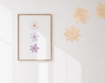 Daisy print, 3 daises, Printable Wall Art, Girl Nursery, Daisy Nursery Decor, Downloadable Print, Neutral Girls Bedroom, purple daisy flower
