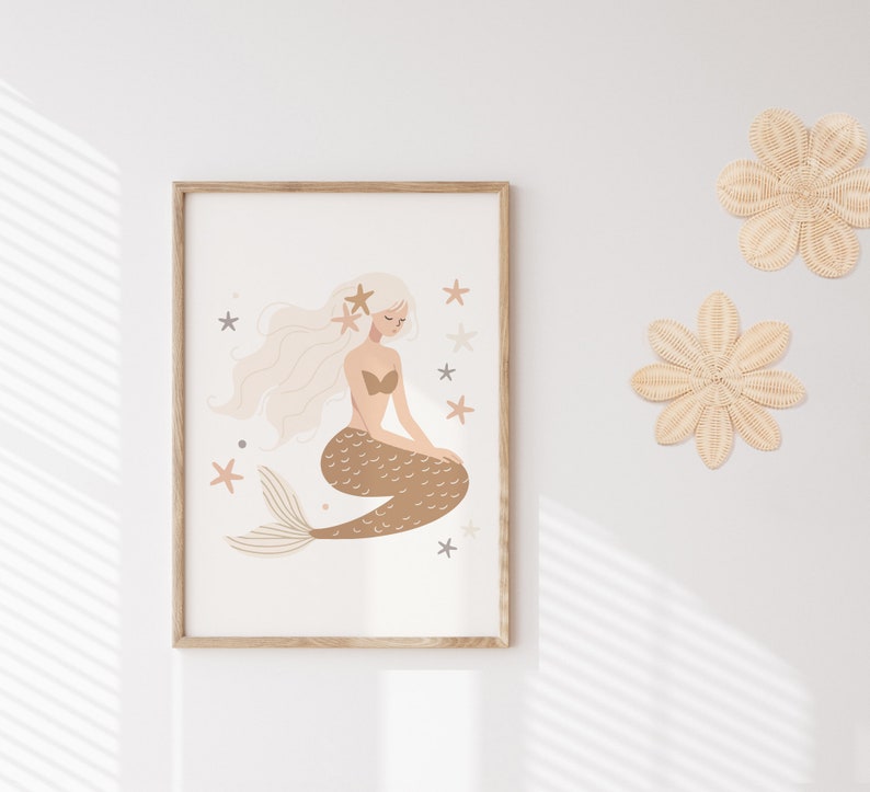 Mermaid Wall Art, Custom Name, Digital Print, Girls Art Print, Girls Nursery Print, Boho Mermaid, Girls Bedroom Poster, Mermaid Shell Art image 4