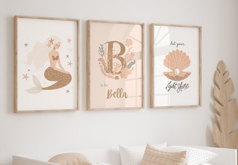 Mermaid Wall Art, Custom Name, Digital Print, Girls Art Print, Girls Nursery Print, Boho Mermaid, Girls Bedroom Poster, Mermaid Shell Art image 1