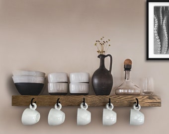 Floating Wall Shelf with 5 Hooks - Hanging Hallway Organizer for Mug Coffee Cup Holder