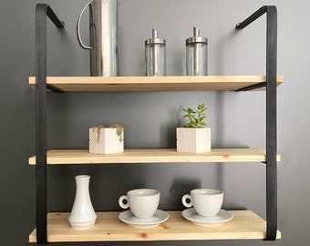 Wall Shelf with Metal Brackets 3 Tier - Wall Mounted Rustic Hanging Shelves - Wall Storage -  Kitchen Shelves