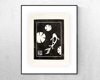 Koi Pond Block Printed Art Print | Linocut Block Printing | High Quality Watercolor Paper