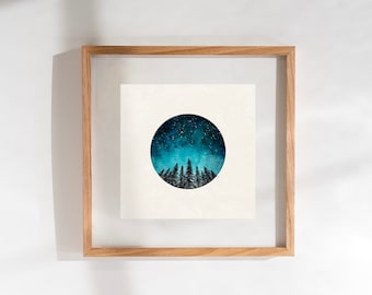 Starry Night Forest Art Print | Printed on High Quality Torchon Watercolor Paper | Archival Print & Inks | Square Wall Art