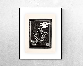 Paper Crane Block Printed Art Print | Linocut Block Printing | High Quality Watercolor Paper