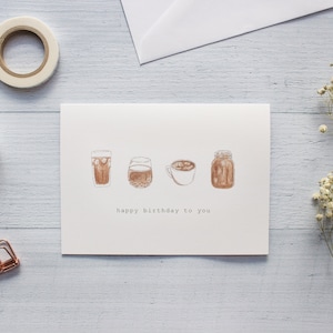 Kaffee & Tee Happy Birthday Grußkarte | Klappkarte blanko zum Geburtstag | Handgemalt mit Aquarellfarben