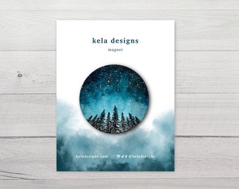 Starry Night Forest Magnet | Magnet for Refrigerator or Car | Watercolor Painting