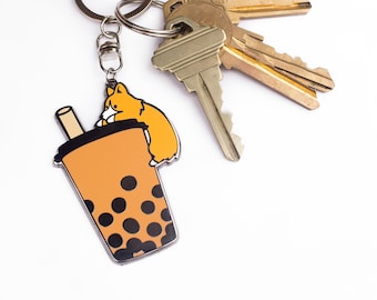 Bubble Tea Boba Corgis Metall Schlüsselbund | Metall hart Emaille Schlüsselanhänger | Für Bubble Tea Liebhaber | Zubehör für Schlüssel, Geldbörse, Rucksack