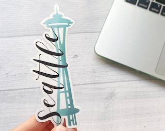 Seattle Space Needle Vinyl Sticker | Sticker Decal for Laptop, Water Bottle, Phone Case, Journal | Hand Lettered Calligraphy | PNW themed