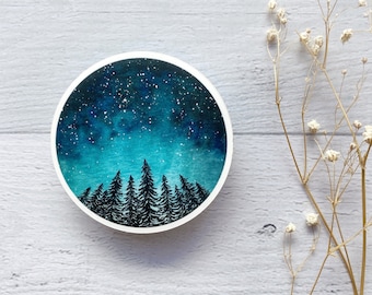 Starry Night Forest Vinyl Sticker | Circle Sticker Decal for Laptop, Water Bottle, Phone Case | Handpainted Watercolor Sticker