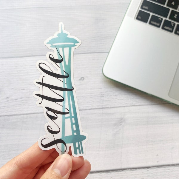 Seattle Space Needle Vinyl Sticker | Sticker Decal for Laptop, Water Bottle, Phone Case, Journal | Hand Lettered Calligraphy | PNW themed