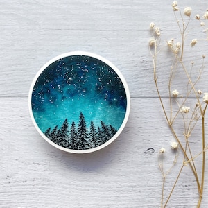 Starry Night Forest Vinyl Sticker | Circle Sticker Decal for Laptop, Water Bottle, Phone Case | Handpainted Watercolor Sticker